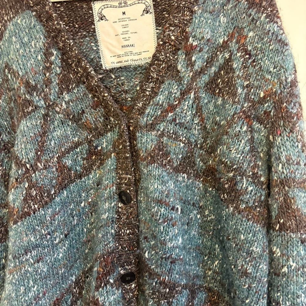 Manaaki Koro Intarsia Cardigan Forest Size M Men Wool Alpaca Silk Blend Natural - Picture 2 of 12
